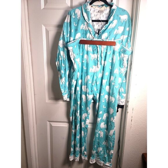 Munki Munki Fleece Pajama Set Polar Bear Print Turquoise Long Sleeve Top & Pants - Picture 2 of 16